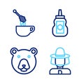 Set line Beekeeper with protect hat, Bear head, Jar of honey and Honey dipper stick icon. Vector