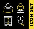 Set line Beekeeper with protect hat, Honeycomb, Hive for bees and icon. Vector