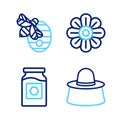 Set line Beekeeper with protect hat, Jar of honey, Flower and Hive for bees icon. Vector