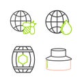 Set line Beekeeper with protect hat, Wooden barrel honey, Honeycomb map of the world and and bee icon. Vector