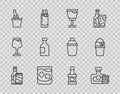 Set line Beer bottle and beer can, Whiskey glass, Wine, Glass of whiskey, Champagne ice bucket, vodka, and icon. Vector Royalty Free Stock Photo