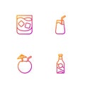 Set line Beer bottle, Coconut cocktail, Glass of whiskey and Cocktail. Gradient color icons. Vector