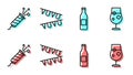 Set line Beer bottle, Firework rocket, Carnival garland with flags and Cocktail and alcohol drink icon. Vector