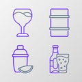 Set line Beer bottle and glass, Cocktail shaker with lime, Metal beer keg and Wine icon. Vector Royalty Free Stock Photo