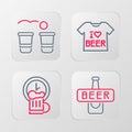 Set line Beer bottle, Happy hour, T-shirt and pong game icon. Vector