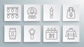 Set line Beer can, Christmas snow globe, star, Calendar, sweater, Firework rocket, shopping bag and lights icon. Vector Royalty Free Stock Photo