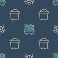 Set line Beetle bug, Pot with soil and Plant in pot on seamless pattern. Vector