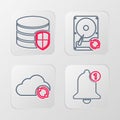 Set line Bell, Cloud sync refresh, Hard disk drive HDD and Database protection icon. Vector