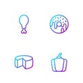 Set line Bell pepper, Cheese, Chicken leg and Donut. Gradient color icons. Vector