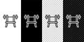 Set line Bench with barbell icon isolated on black and white, transparent background. Gym equipment. Bodybuilding