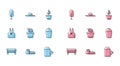 Set line Bench, Chainsaw, Tree, Watering can, Cactus and succulent pot, Bucket, Kitchen apron and Worker hat icon Royalty Free Stock Photo