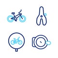 Set line Bicycle bell, seat and icon. Vector
