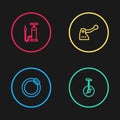 Set line Bicycle brake disc, Unicycle or one wheel bicycle, and air pump icon. Vector Royalty Free Stock Photo