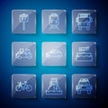 Set line Bicycle, Cargo ship, Police car and flasher, Bus, Hatchback, Delivery truck, Road traffic signpost and Boat Royalty Free Stock Photo