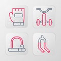 Set line Bicycle fork, lock, kids and Gloves icon. Vector