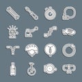 Set line Bicycle handlebar, brake disc, shoes, Stopwatch, bell, suspension and pedals icon. Vector Royalty Free Stock Photo