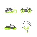 Set line Bicycle helmet, Snowmobile, All Terrain Vehicle or ATV motorcycle and on street ramp icon. Vector Royalty Free Stock Photo
