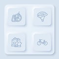Set line Bicycle parking, helmet, Gloves and . White square button. Vector Royalty Free Stock Photo
