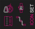 Set line Bicycle pedals, lane, Smart watch and parking icon. Vector Royalty Free Stock Photo