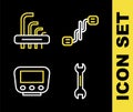 Set line Bicycle pedals, Wrench spanner, speedometer and Tool allen keys icon. Vector