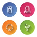 Set line Bicycle rental mobile app, lock, wheel and seat. Color circle button. Vector