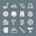 Set line Bicycle seat, wheel, Stopwatch, air pump, cassette, pedal and Cycling shorts icon. Vector Royalty Free Stock Photo
