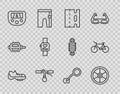 Set line Bicycle shoes, wheel, lane, handlebar, Gps device with map, Smart watch, rear view mirror and icon. Vector Royalty Free Stock Photo