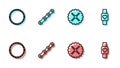 Set line Bicycle sprocket crank, wheel, chain and Smart watch icon. Vector