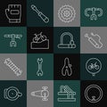 Set line Bicycle wheel, air pump, cassette, Mountain bicycle, handlebar, Gloves and lock icon. Vector Royalty Free Stock Photo