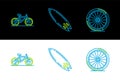 Set line Bicycle wheel, and Surfboard icon. Vector