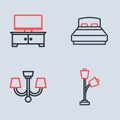 Set line Big bed, Chandelier, Floor lamp and TV table stand icon. Vector Royalty Free Stock Photo