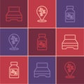 Set line Big bed, Sleeping pill and Sleepy icon. Vector Royalty Free Stock Photo