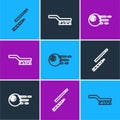 Set line Billiard cue, ball and Pool table brush icon. Vector