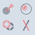 Set line Billiard pool snooker ball, Casino chips, Crossed billiard cues and Classic dart board and arrow icon. Vector