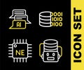 Set line Binary code, Artificial intelligence robot, Processor CPU and Chat icon. Vector