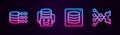 Set line Binary code, Artificial intelligence robot, Server, Data and Neural network. Glowing neon icon. Vector Royalty Free Stock Photo