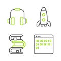 Set line Binary code, Book, Rocket ship and Headphones icon. Vector