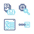 Set line Binary code, Computer api interface, Processor CPU and Artificial intelligence robot icon. Vector Royalty Free Stock Photo