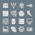 Set line Binary code, Computer monitor, Photo retouching, Humanoid robot, Neural network, and Artificial intelligence Royalty Free Stock Photo