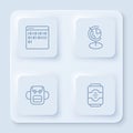 Set line Binary code, Earth globe, School backpack and Energy drink. White square button. Vector