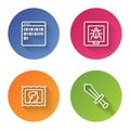Set line Binary code, Insects frame, Postal stamp and Sword for game. Color circle button. Vector Royalty Free Stock Photo