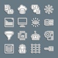 Set line Binary code, Neural network, Artificial intelligence robot, Computer monitor, Web developer programming, and AI Royalty Free Stock Photo