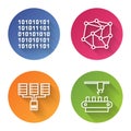 Set line Binary code, Neural network, Server, Data, Web Hosting and Factory conveyor system belt. Color circle button Royalty Free Stock Photo