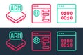 Set line Binary code, Processor and Browser setting icon. Vector