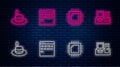 Set line Binary code, Processor with CPU, Man hat and Monitor keyboard. Glowing neon icon on brick wall. Vector Royalty Free Stock Photo
