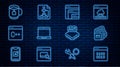 Set line Binary code, Processor, Software, Laptop, Cup tea with tea bag, and Flowchart icon. Vector