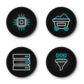 Set line Binary code, Server, Coal mine trolley and Processor CPU icon. Vector