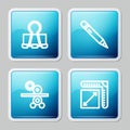 Set line Binder clip, Pencil with eraser, Paper roll of printing press and size icon. Vector Royalty Free Stock Photo