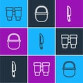 Set line Binoculars, Knife and Camping pot icon. Vector