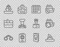 Set line Binoculars, Tropical island ocean, Calendar, Passport, Cruise ship, Cook, Brochure and icon. Vector